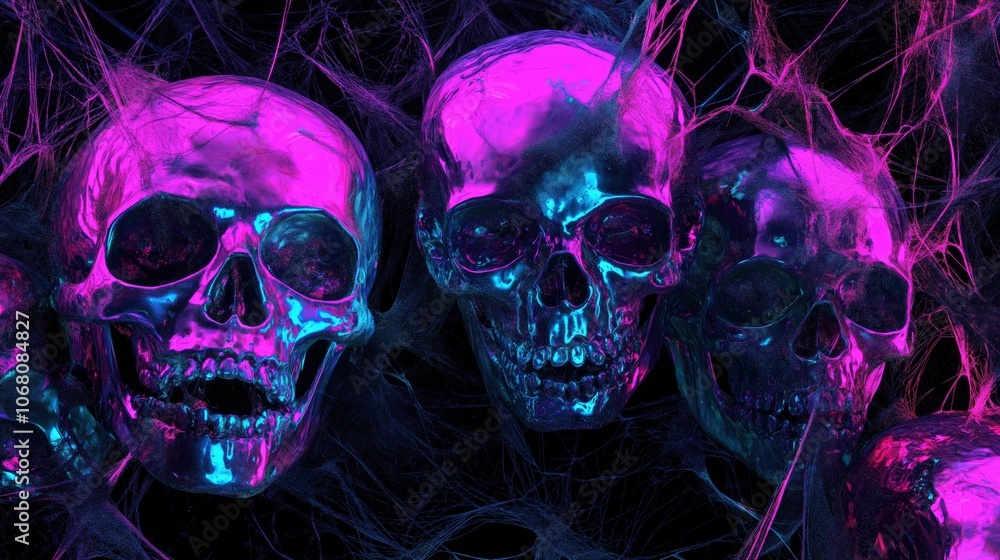 Illustration of 3D neon skulls and spider webs background Illustration of 3D neon skulls and spider webs background