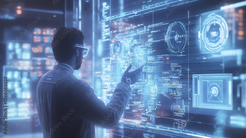 AI algorithm detecting patterns in big data visualized on a holographic screen. AI algorithm detecting patterns in big data visualized on a holographic screen.