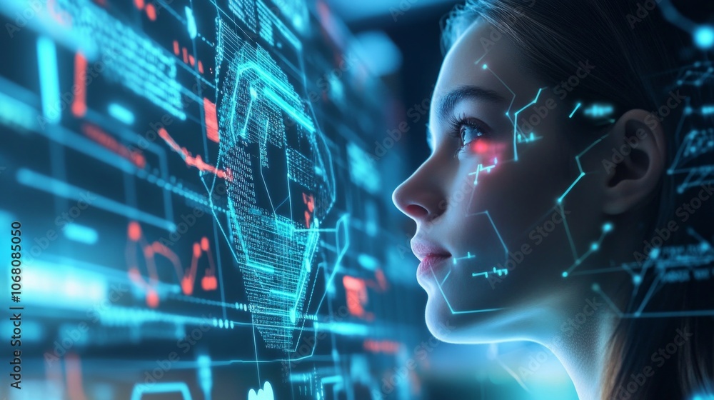 AI algorithm detecting patterns in big data visualized on a holographic screen. AI algorithm detecting patterns in big data visualized on a holographic screen.