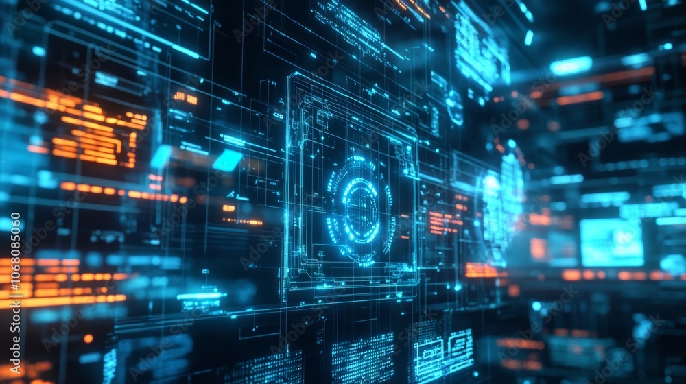 AI algorithm detecting patterns in big data visualized on a holographic screen. AI algorithm detecting patterns in big data visualized on a holographic screen.