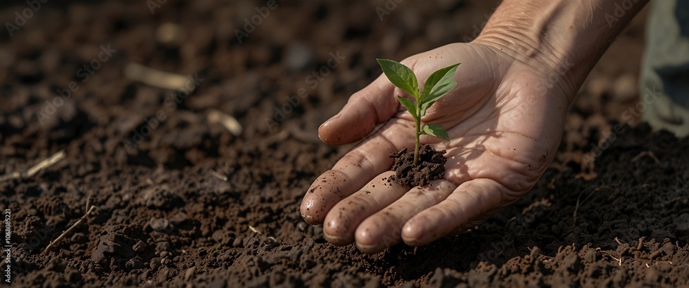 Fototapeta premium Nurturing New Growth: A farmer's hand gently cradles a fragile seedling, symbolizing hope, renewal, and the cycle of life. 