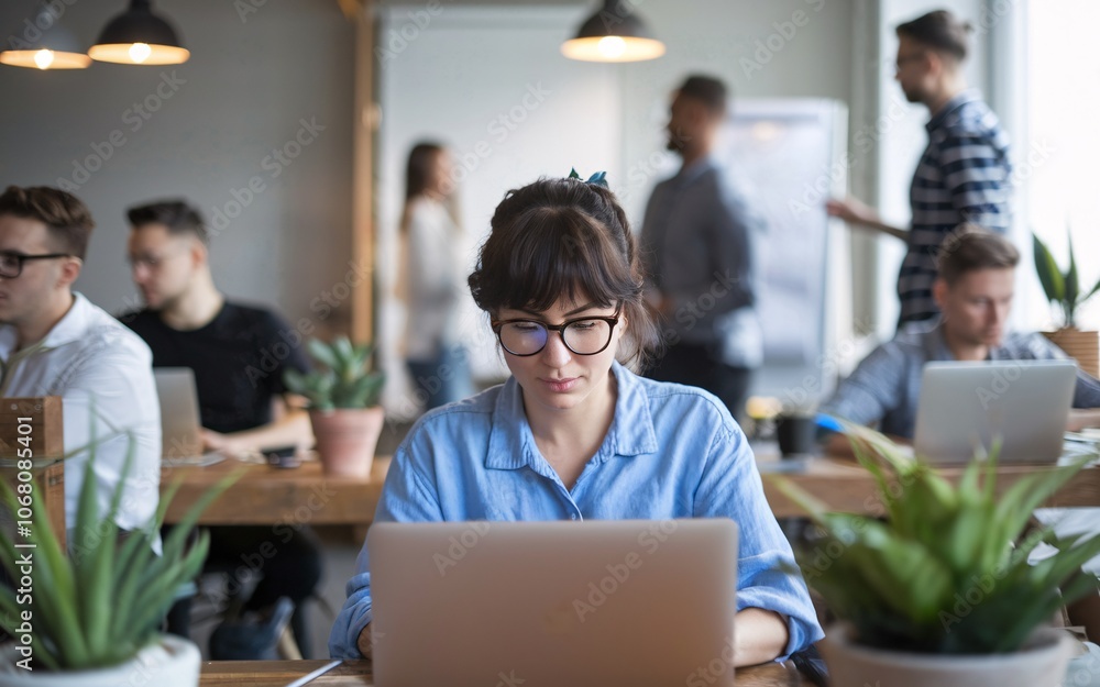 Focused businesswoman working on laptop in a busy office. Focused businesswoman working on laptop in a busy office.