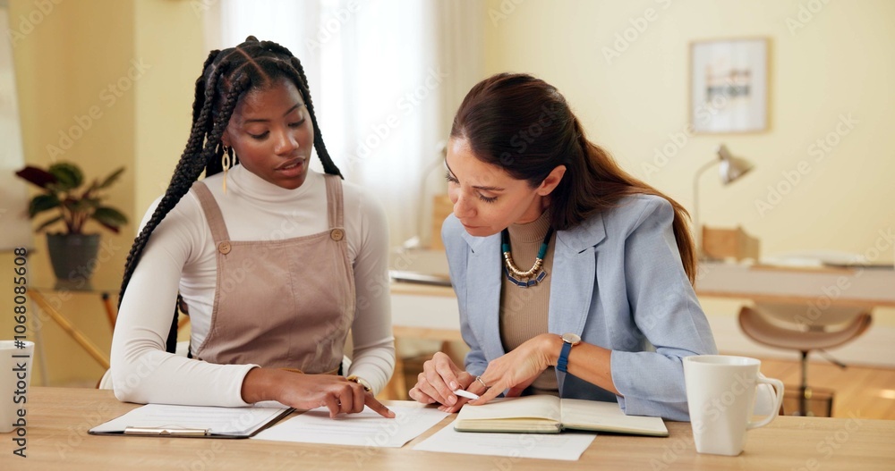 Contract, woman and client in office for advice, deal or legal document for membership application. Business, advisor and insurance agent with paperwork for registration, sign up or policy agreement Contract, woman and client in office for advice, deal or legal document for membership application. Business, advisor and insurance agent with paperwork for registration, sign up or policy agreement