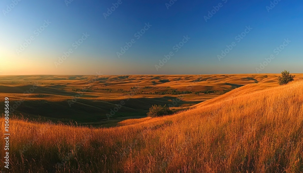 Golden grass sways in the wind on a hill overlooking a vast, rolling prairie landscape at sunset. Golden grass sways in the wind on a hill overlooking a vast, rolling prairie landscape at sunset.