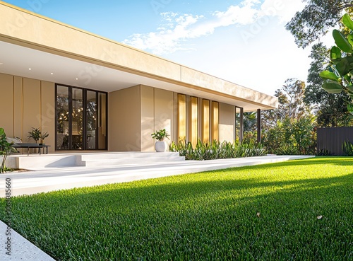 Modern Sydney house with beige exterior, gold accents, and lush lawn.