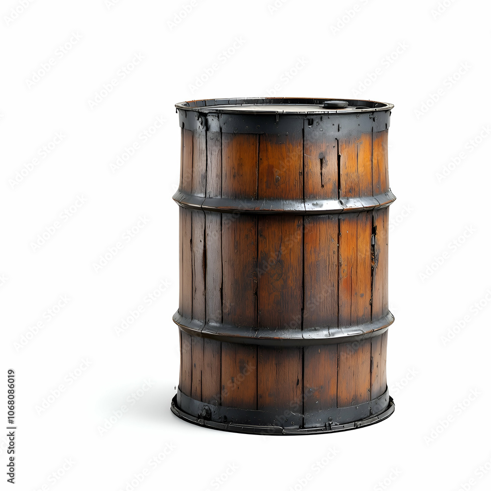 Fototapeta premium Vintage Wooden Barrel with Iron Bands on White Background