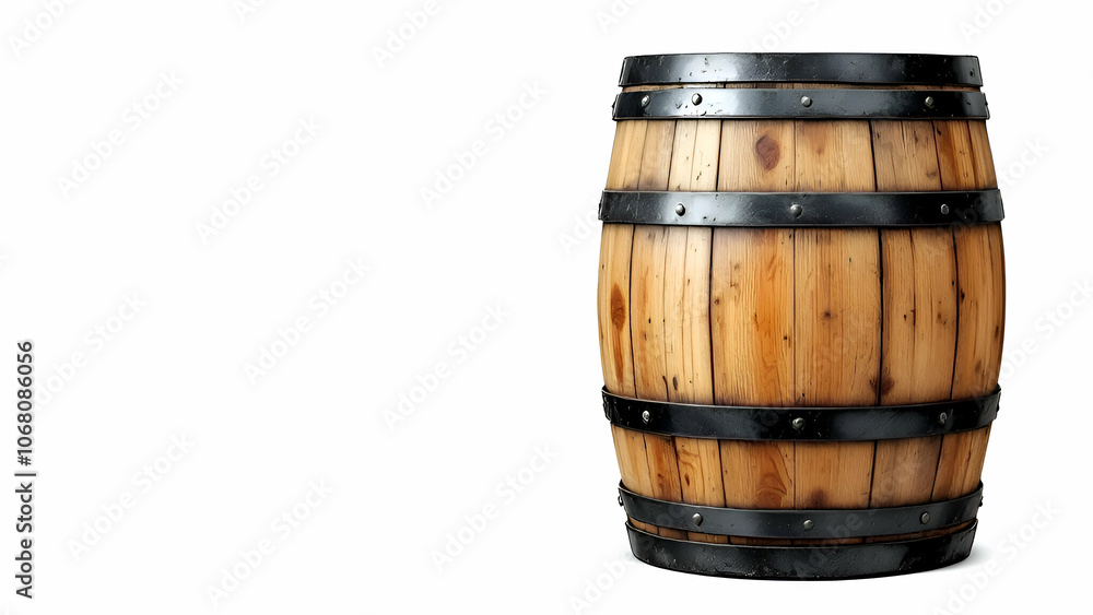 Obraz premium A traditional wooden barrel with black metal bands stands on a plain white backdrop.