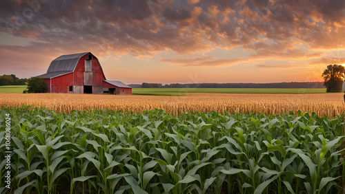 A serene rural landscape at sunset with a barn in the distance and a field of golden corn, AI Generated
