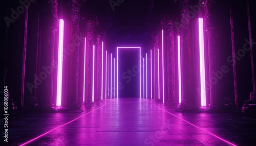 Futuristic Neon Stage. Modern Neon Light Stage with Reflective Floor. Cyberpunk Arena with Purple and Blue Neon Lights. Abstract 3D Neon Stage Background.