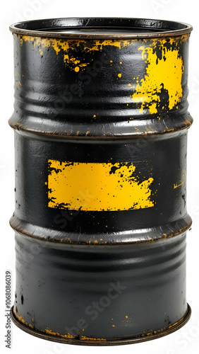 Rusty Black Metal Barrel with Yellow Paint Splashes and a Blank Label photo