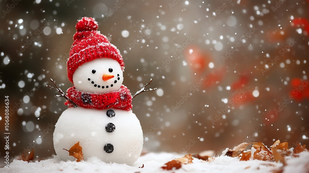 A cheerful snowman wearing a red hat and scarf stands in the snow with falling snowflakes. A cheerful snowman wearing a red hat and scarf stands in the snow with falling snowflakes.