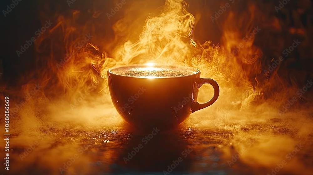 A warm cup of black coffee with golden smoke rises on a dark background, symbolizing a cozy atmosphere for mornings or café settings. A warm cup of black coffee with golden smoke rises on a dark background, symbolizing a cozy atmosphere for mornings or café settings.