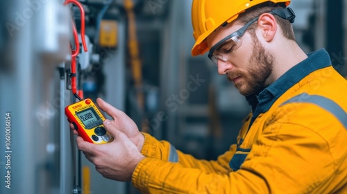 A construction worker or electrical engineer wearing a hardhat and safety gear