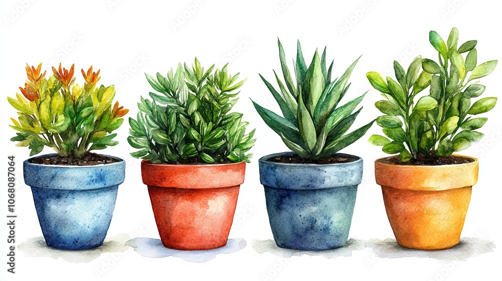 A watercolor illustration of tropical house plants in pots, perfect for trendy botanical decor, invitations, or modern interior design inspirations. A watercolor illustration of tropical house plants in pots, perfect for trendy botanical decor, invitations, or modern interior design inspirations.