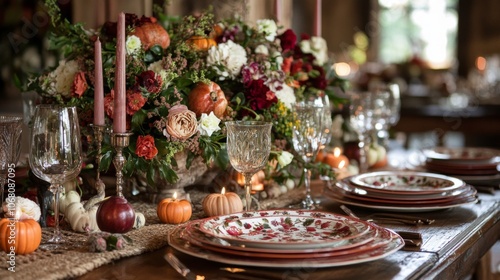 Rustic Autumnal Table Setting with Flowers, Pumpkins, and Candles