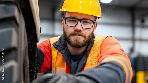 Portrait of a skilled heavy duty truck mechanic wearing safety gear while replacing brake pads on a commercial vehicle in a workshop or industrial setting