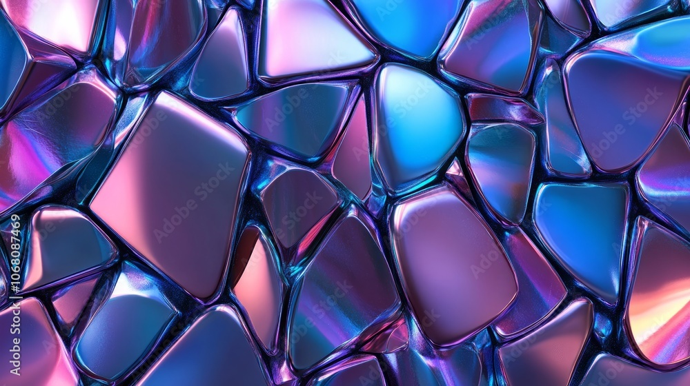 Abstract iridescent metallic background with fragmented shapes in purple and blue hues. Abstract iridescent metallic background with fragmented shapes in purple and blue hues.