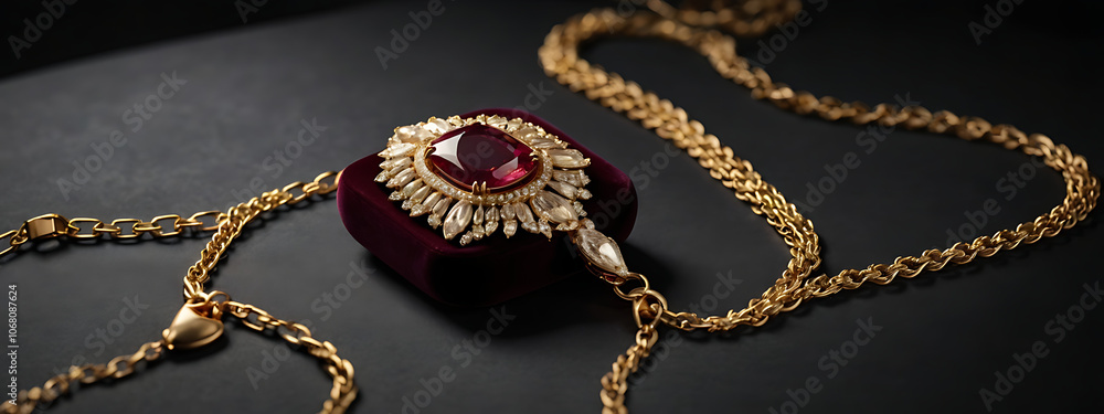Elegant Jewelry Mock-Up with Velvet Box and Gold Necklace on a Dark Background with Soft Spot Lighting Elegant Jewelry Mock-Up with Velvet Box and Gold Necklace on a Dark Background with Soft Spot Lighting