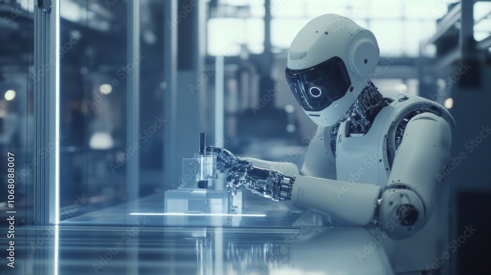 AI-powered industrial robot working in an automated factory setting. AI-powered industrial robot working in an automated factory setting.