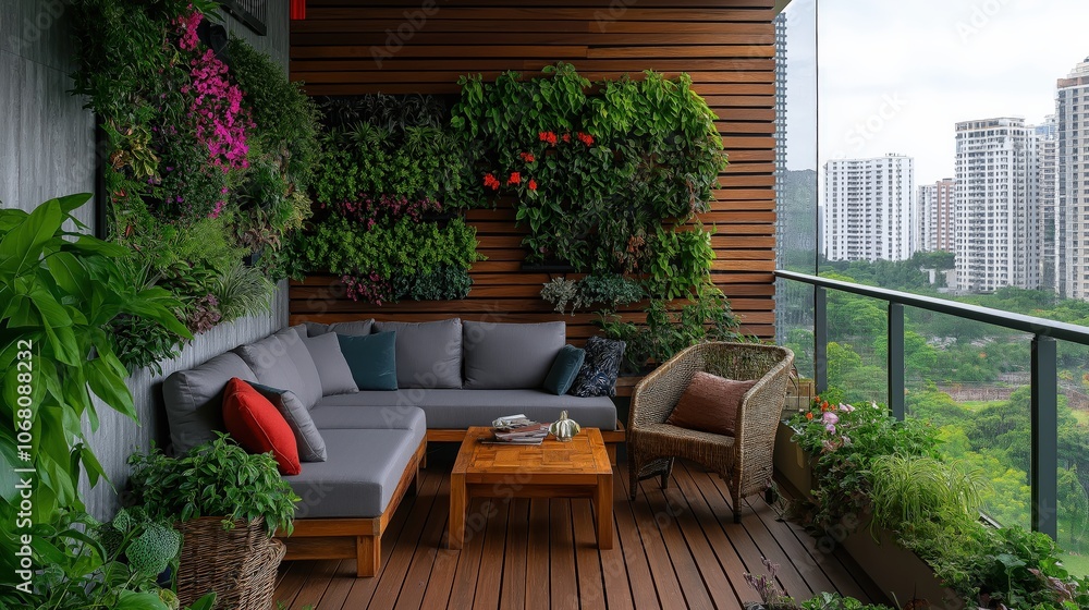 Modern balcony with wooden floor and flowers on the walls and floor and chairs and sofas Modern balcony with wooden floor and flowers on the walls and floor and chairs and sofas