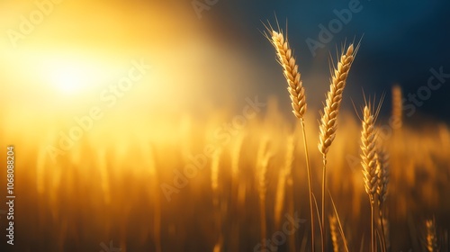 Golden wheat stalks rise against a dreamy sunset backdrop, evoking tranquility and abundance, Ideal for agricultural themes, food production, or environmental awareness campaigns,