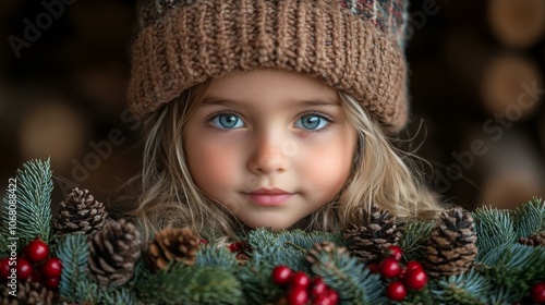 Girl with Blue Eyes in Christmas Setting