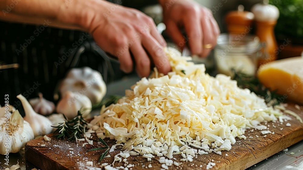Shred cabbage on cutting board Shred cabbage on cutting board