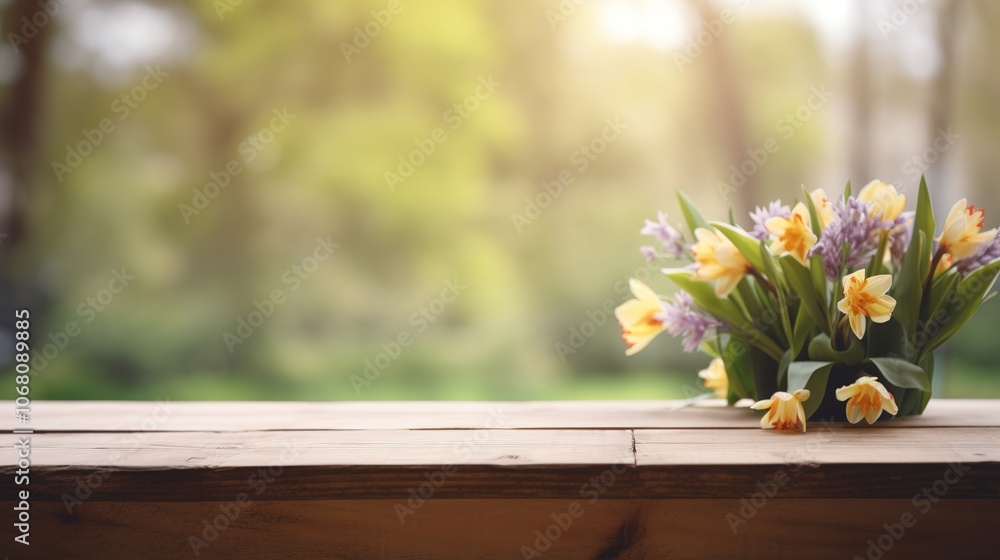 Bright Bouquet of Flowers on Wooden Table Bright Bouquet of Flowers on Wooden Table