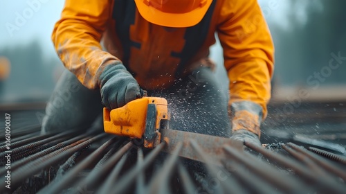 Construction worker using a power saw to cut through steel rebar on a commercial construction project  The image shows the worker s hands and the power tool as they work on this industrial photo