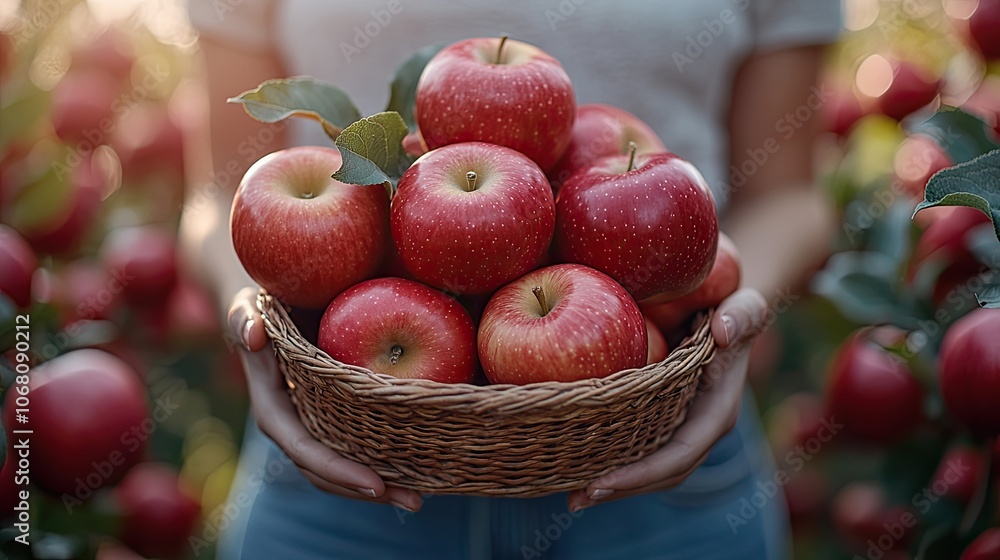 A woman holding a basket of red apples in an orchard, showcasing the freshness and juiciness of the fruit, ideal for harvest season promotion or organic food campaigns. A woman holding a basket of red apples in an orchard, showcasing the freshness and juiciness of the fruit, ideal for harvest season promotion or organic food campaigns.