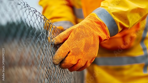 Construction worker in orange safety uniform setting up temporary wire mesh fence around the perimeter of an active construction site to create a secure barrier and safety zone photo