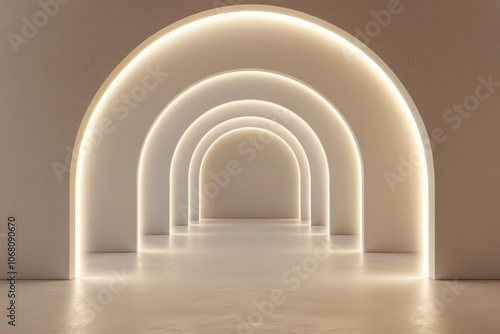 3D render of arches illuminated with white lights on a beige background, a minimalistic scene with empty space in the middle. photo