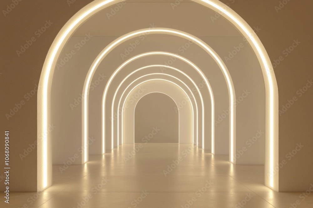 3D render of arches illuminated with white lights on a beige background, a minimalistic scene with empty space in the middle. 3D render of arches illuminated with white lights on a beige background, a minimalistic scene with empty space in the middle.
