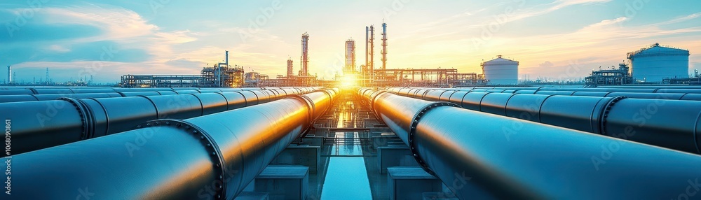 Industrial Oil Refinery with Pipelines at Sunset Showcasing Energy Production and Infrastructure Industrial Oil Refinery with Pipelines at Sunset Showcasing Energy Production and Infrastructure