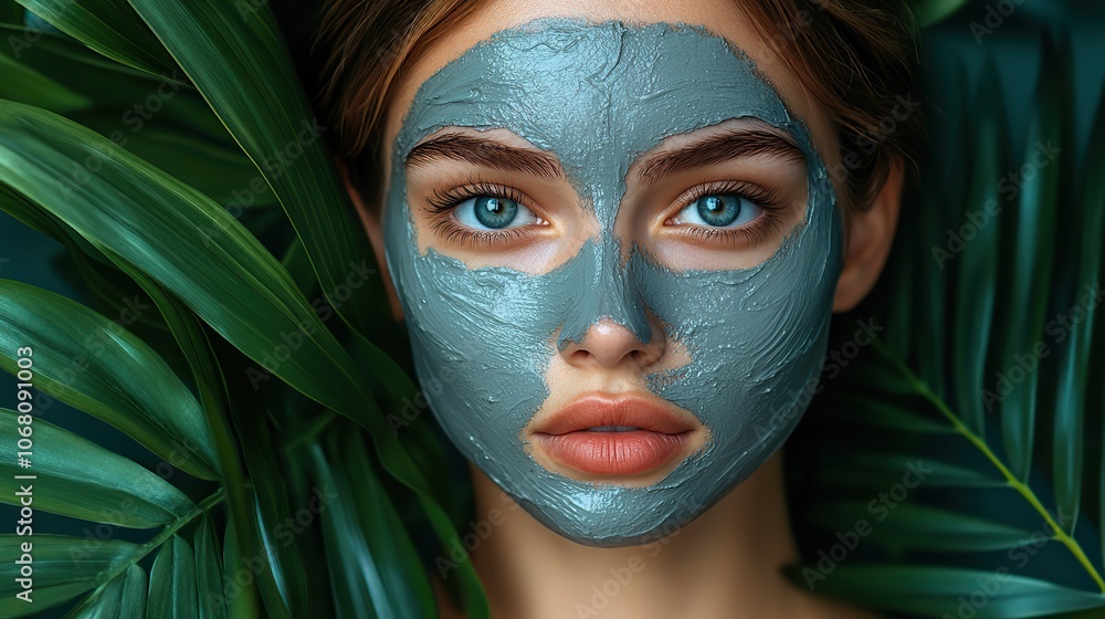 A woman with a clay facial mask on a blue background with green leaves symbolizes beauty and wellness, perfect for eco-friendly skincare banners. A woman with a clay facial mask on a blue background with green leaves symbolizes beauty and wellness, perfect for eco-friendly skincare banners.