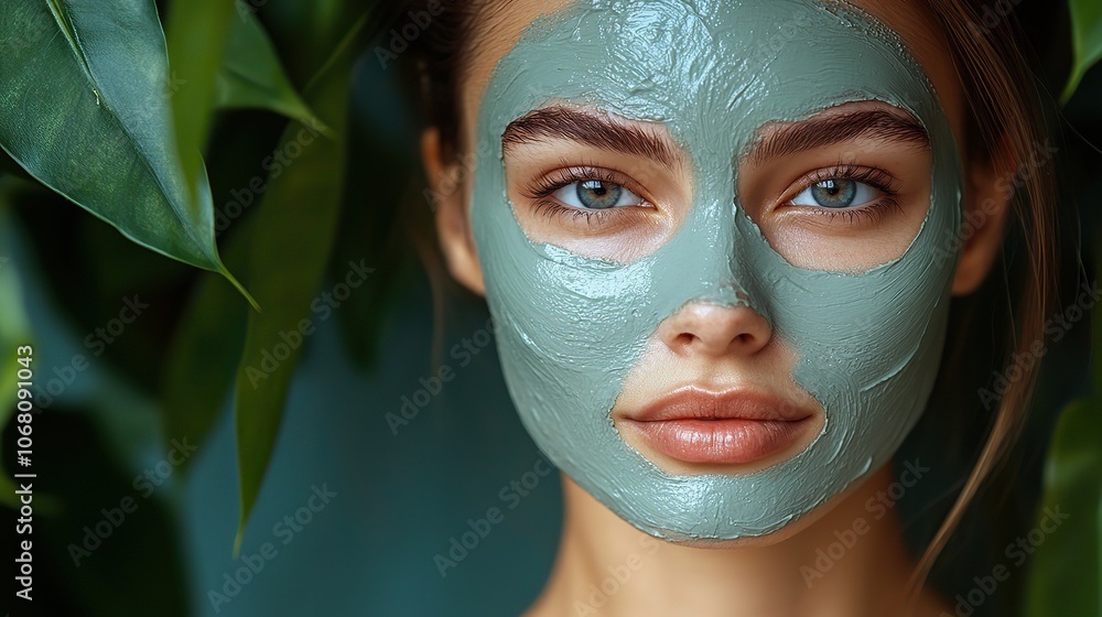 A woman with a clay facial mask on a blue background with green leaves symbolizes beauty and wellness, perfect for eco-friendly skincare banners. A woman with a clay facial mask on a blue background with green leaves symbolizes beauty and wellness, perfect for eco-friendly skincare banners.