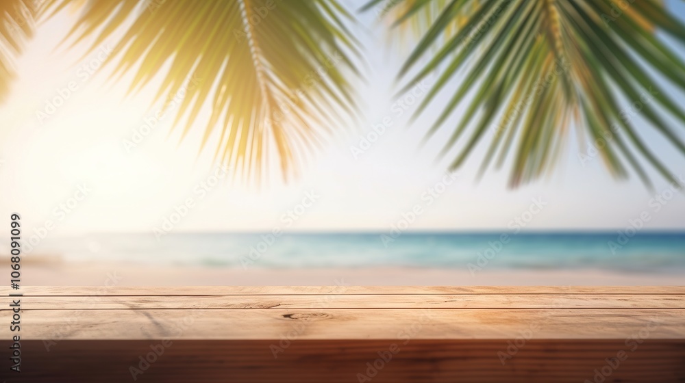 Serene Beach View with Palm Leaves and Wooden Surface Serene Beach View with Palm Leaves and Wooden Surface