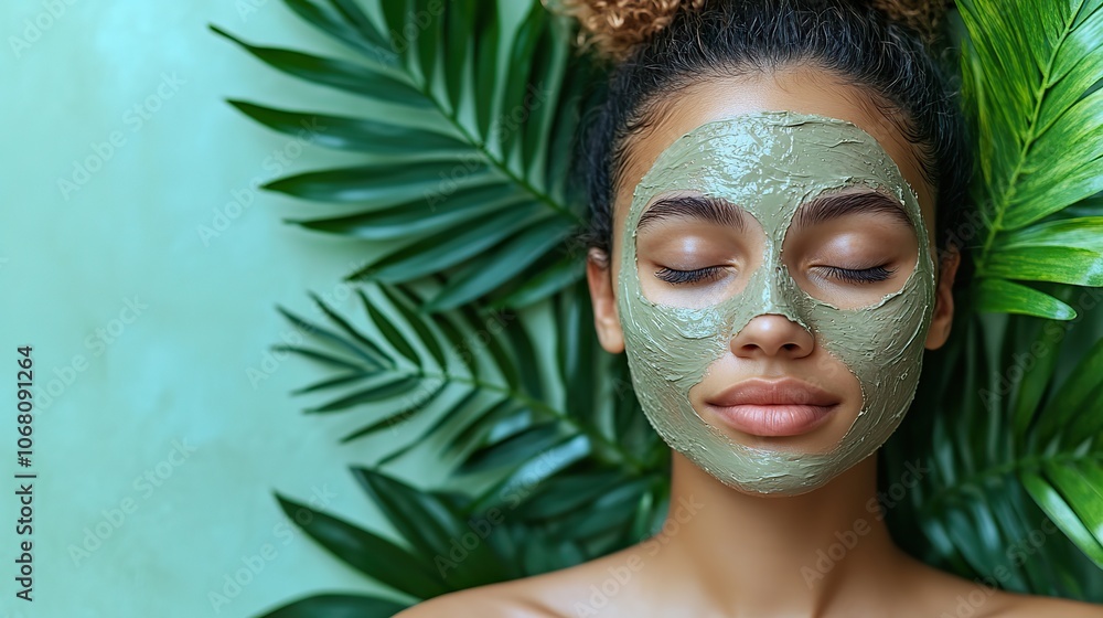 A woman with a clay mask or moisturizing cream on a white background with green leaves symbolizes natural beauty treatments, ideal for eco-friendly skincare banners. A woman with a clay mask or moisturizing cream on a white background with green leaves symbolizes natural beauty treatments, ideal for eco-friendly skincare banners.
