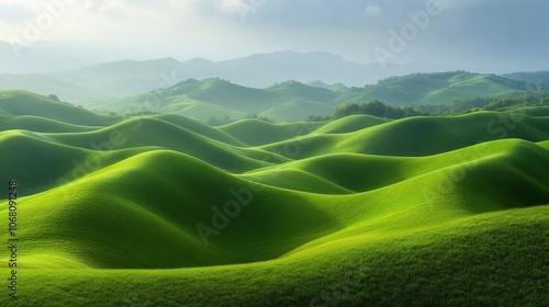 Lush Green Rolling Hills Under a Cloudy Sky with Distant Mountains in a Serene Landscape