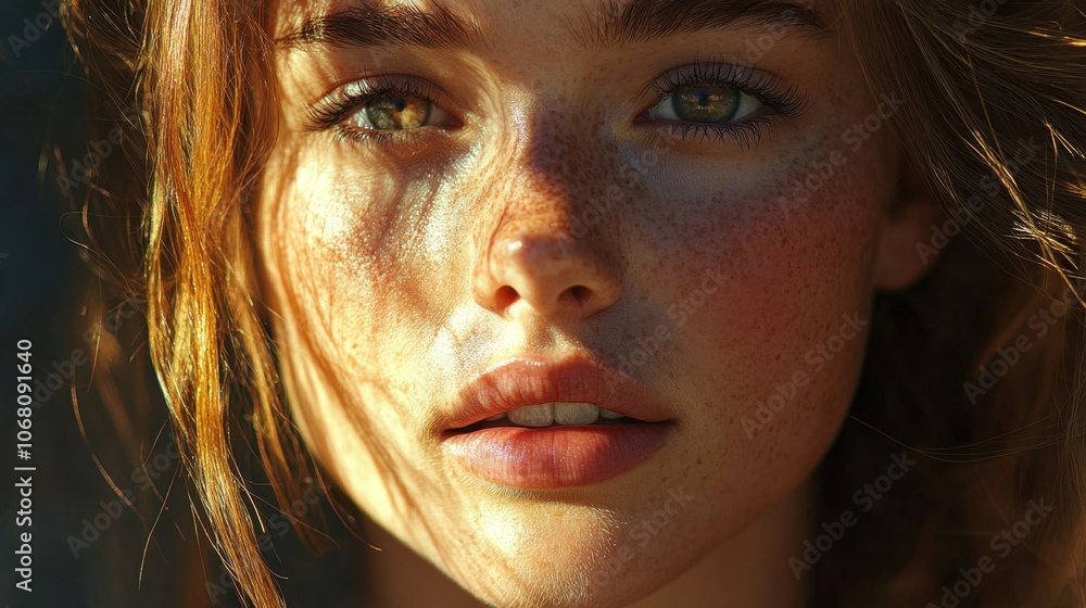 Portrait of a young woman with glowing skin, freckles, and a calm expression Portrait of a young woman with glowing skin, freckles, and a calm expression