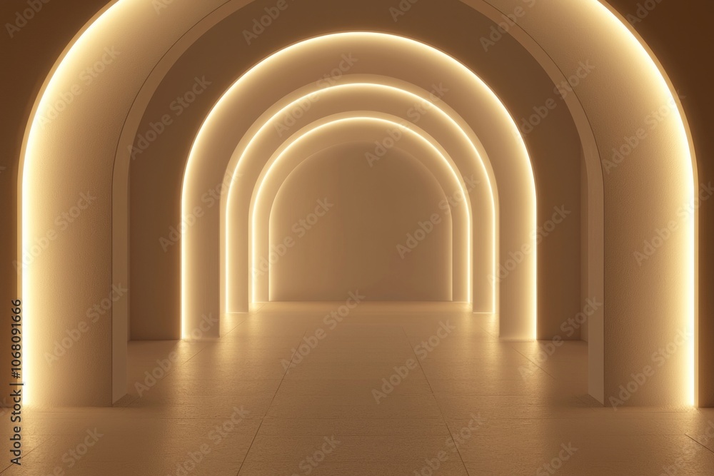 3D render of arches illuminated with white lights on a beige background, a minimalistic scene with empty space in the middle.