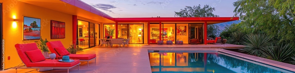 High-definition evening shot of a vibrant home with a pool and ruby red features. High-definition evening shot of a vibrant home with a pool and ruby red features.