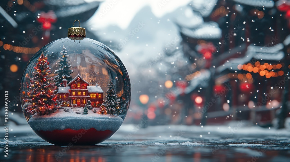 A 4K rendering of a Christmas ornament shaped like a snow globe with a festive village inside. A 4K rendering of a Christmas ornament shaped like a snow globe with a festive village inside.