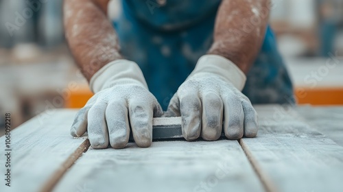 Close up of construction worker carefully measuring and cutting wood using a hand saw to build the frame of a new house on an active construction site The worker is wearing a hard hat and gloves