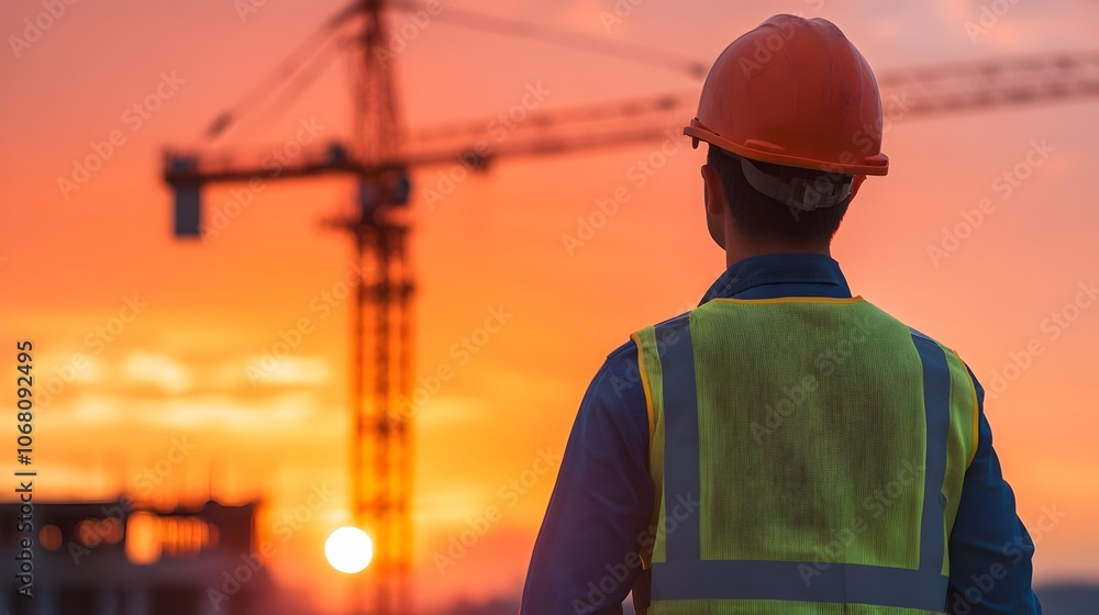 A construction worker in a safety vest and hard hat is operating a large crane to move building materials like steel beams or concrete blocks to higher floors of an unfinished skyscraper at a A construction worker in a safety vest and hard hat is operating a large crane to move building materials like steel beams or concrete blocks to higher floors of an unfinished skyscraper at a