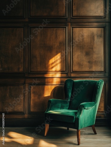 Green Chair and Wooden Paneled Wall