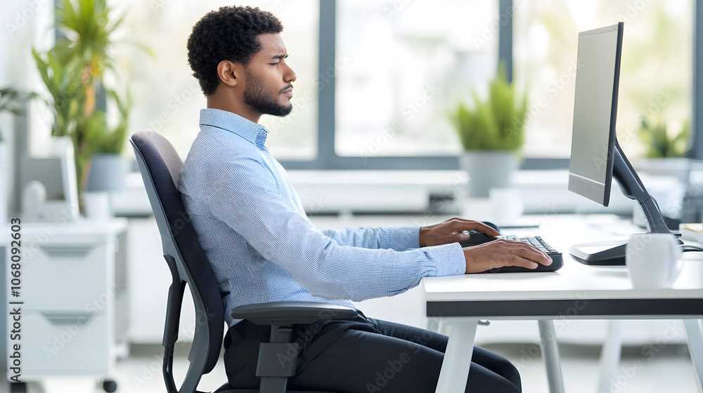 A person sitting at a desk with poor posture, slouched over a computer, highlighting the importance of ergonomic practices and health risks of prolonged desk work
A person sitting at a desk with poor posture, slouched over a computer, highlighting the importance of ergonomic practices and health risks of prolonged desk work