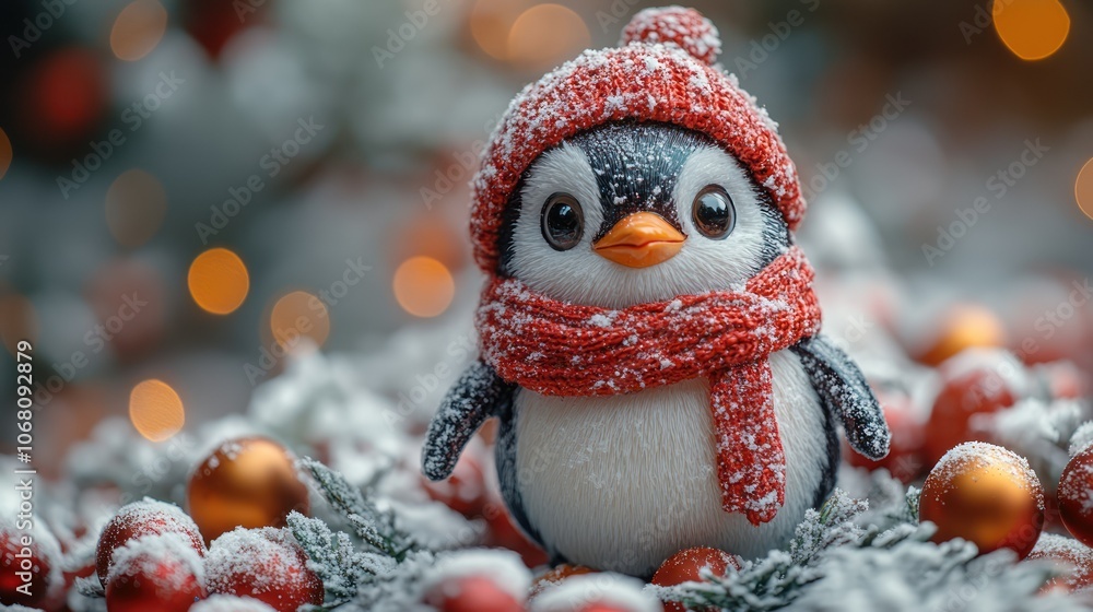 Obraz premium A 4K shot of a Christmas ornament shaped like a festive penguin, complete with a tiny scarf and hat.