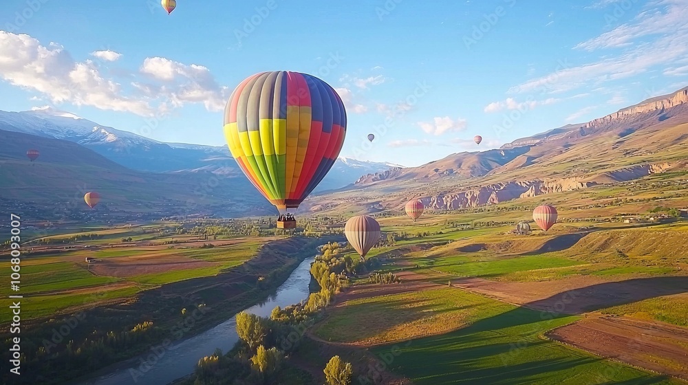 Fototapeta premium Colorful hot air balloons soaring over a scenic valley landscape.