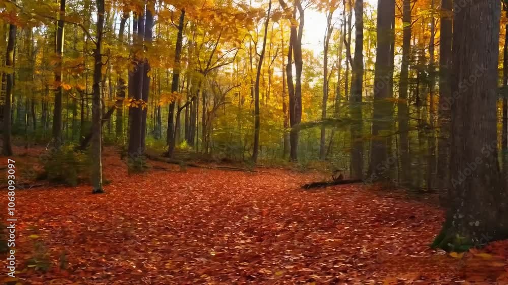 Autumnal Path: A carpet of crimson and gold leaves blankets the forest floor, sunlight filtering through the vibrant foliage of deciduous trees. A tranquil scene perfect for relaxation and reflection.